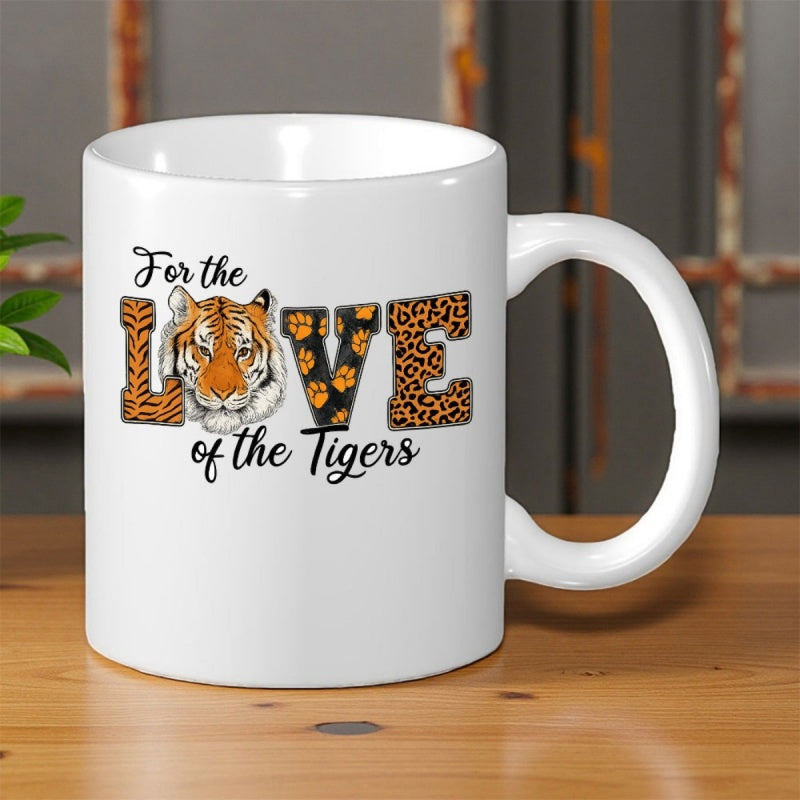 Tailorly White Ceramic 11 oz Mug - For The Love Of The Tigers Artistic Animal Print Letters Surrounding A Realistic Orange Wild Tiger