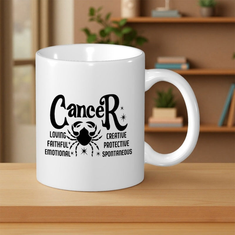 Tailorly White Ceramic 11 oz Mug - Cancer Loving Faithful Emotional Creative Protective Spontaneous Intricate Black Silhouette Surrounded By Celestial Stars And