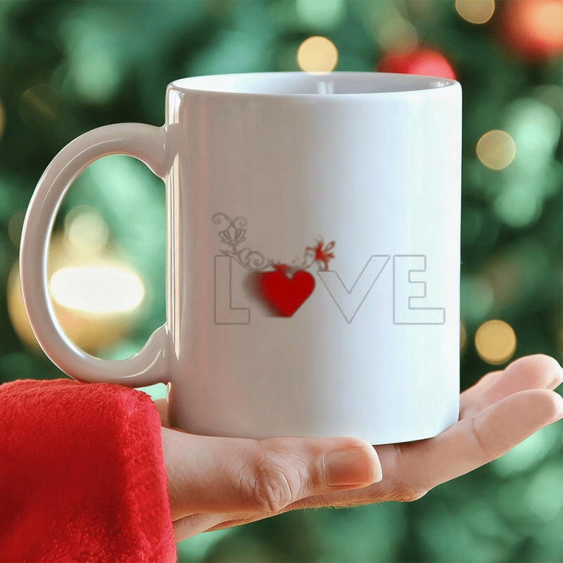 Tailorly White Ceramic 11 oz Mug - Love Minimalist Hollow Text With Small Red Graphic And Delicate Swirling Vines Heart