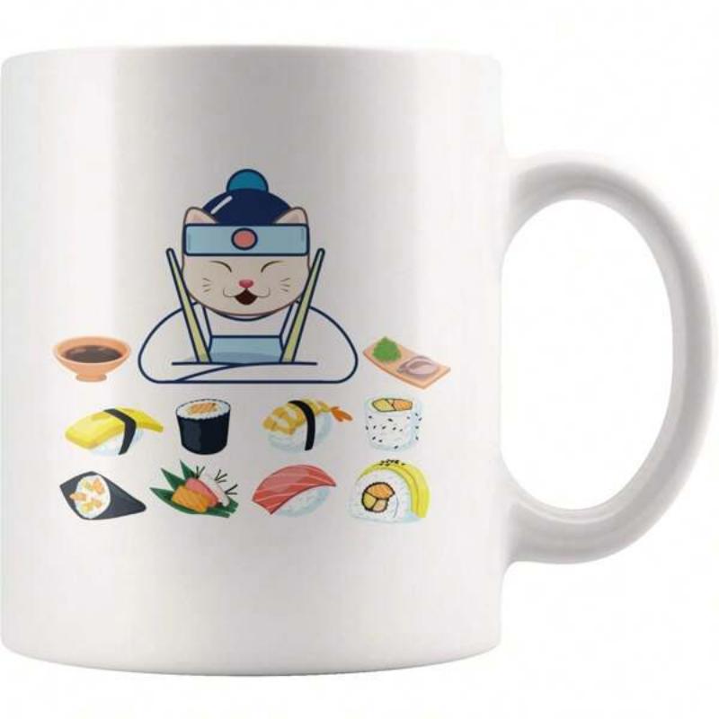 Tailorly White Ceramic 11 oz Mug - Adorable Cartoon Cat Chef Wearing Blue Hat Serving Fresh Assorted Delicious Sushi