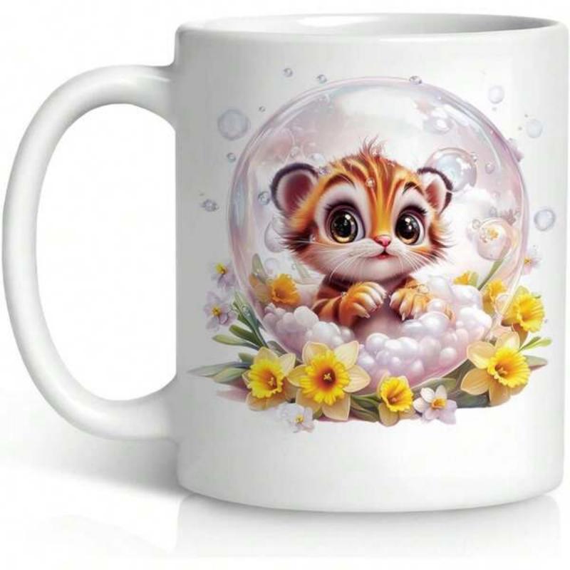 Tailorly White Ceramic 11 oz Mug - Adorable Striped Baby Tiger Resting Inside A Clear Bubble Surrounded By Yellow Blossom Tiger