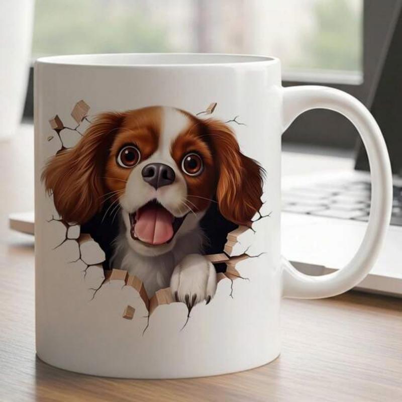 Tailorly White Ceramic 11 oz Mug - Charming Cavalier Spaniel Popping Out From A Realistic Cracked Stone Wall Spaniel