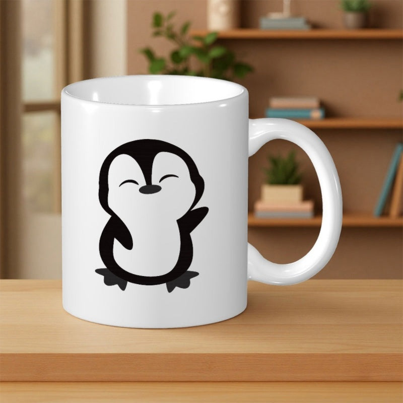Tailorly White Ceramic 11 oz Mug - Minimalist Cartoon Illustration Of A Happy Waving Small Arctic Bird Penguin