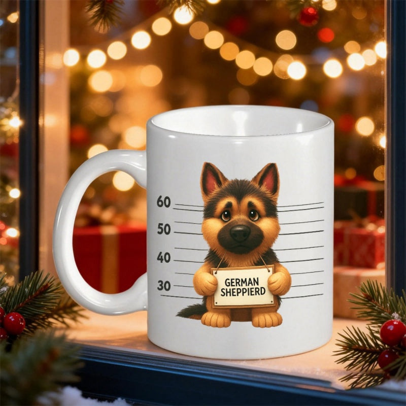 Tailorly White Ceramic 11 oz Mug - German Shepherd Loyal Canine Friend Holding Identity Sign In Police Mugshot Dog
