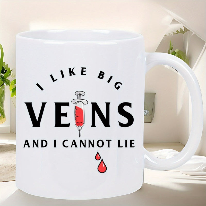 Tailorly White Ceramic 11 oz Mug - I Like Big Veins And I Cannot Lie Medical Syringe With Floating Red Blood Droplets Syringe