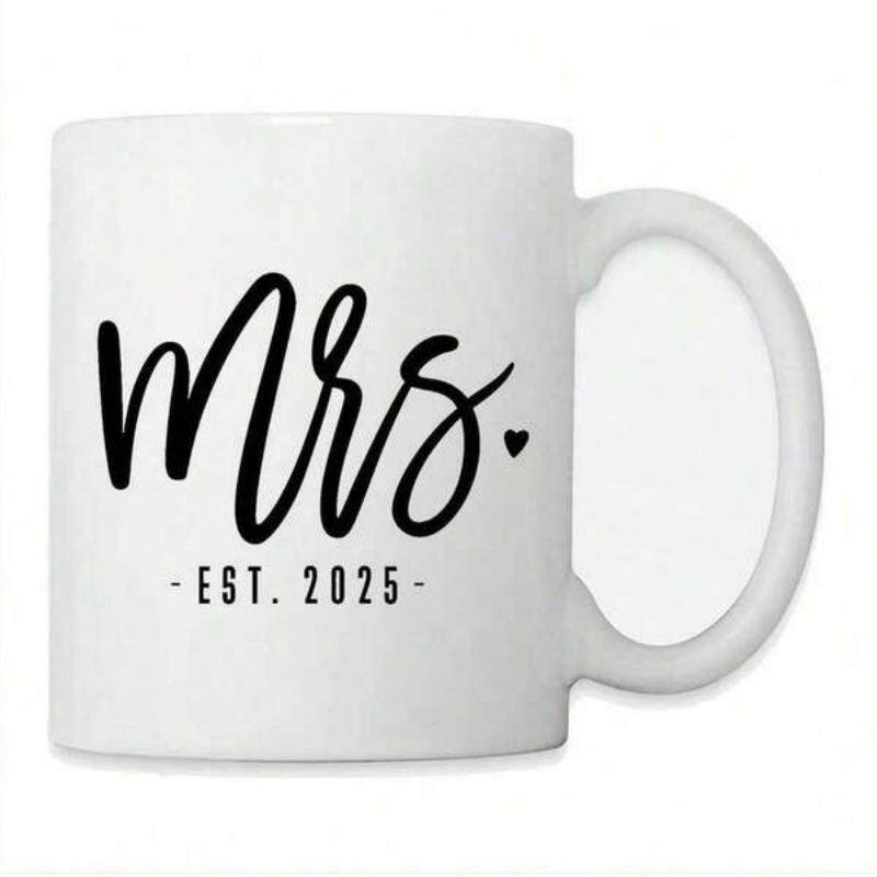 Tailorly White Ceramic 11 oz Mug - Mrs EST 2025 Minimalist White Ceramic Body Featuring Elegant Cursive Script Text Mug