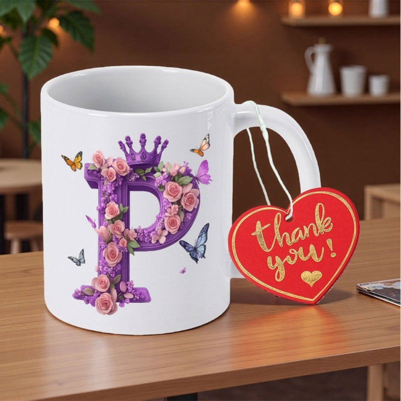 Tailorly White Ceramic 11 oz Mug - Thank You Elegant Purple Letter Adorned With Crown And Pink Blooming Roses Letter