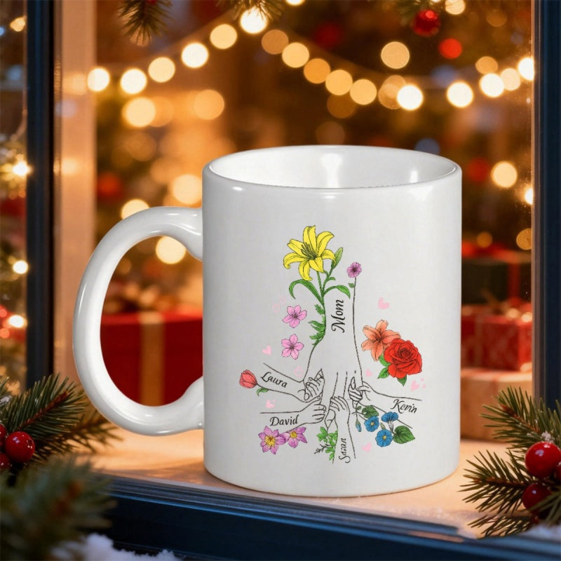Tailorly White Ceramic 11 oz Mug - Mom Grace David Jess Rose Colorful Hand Drawn Birth Month Blossoms Forming A Family Flower