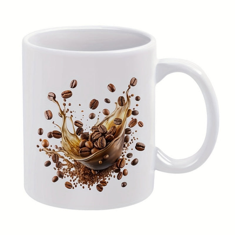 Tailorly White Ceramic 11 oz Mug - Dynamic Splash Of Liquid With Flying Roasted Aromatic Whole Coffee Beans