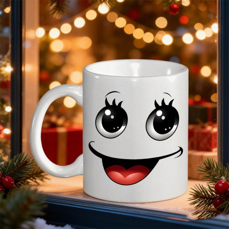 Tailorly White Ceramic 11 oz Mug - Large Sparkling Eyes With Long Lashes And A Wide Joyful Grin Face