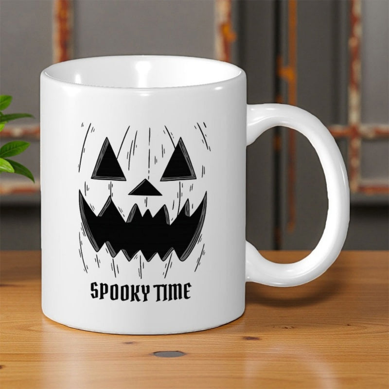 Tailorly White Ceramic 11 oz Mug - Spooky Time Minimalist Grinning Face With Scary Teeth And Sharp Triangular Eyes JackOLantern