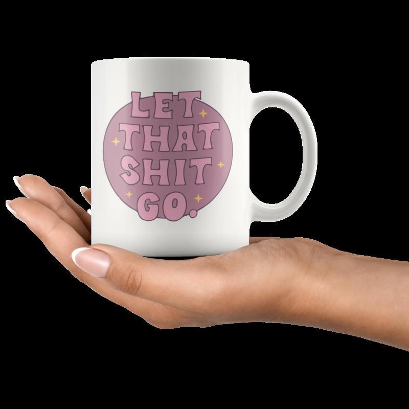 Tailorly White Ceramic 11 oz Mug - Let That Shit Go Minimalist Purple Circle With Tiny Sparkling Stars Under Soft Glowing Background Mug