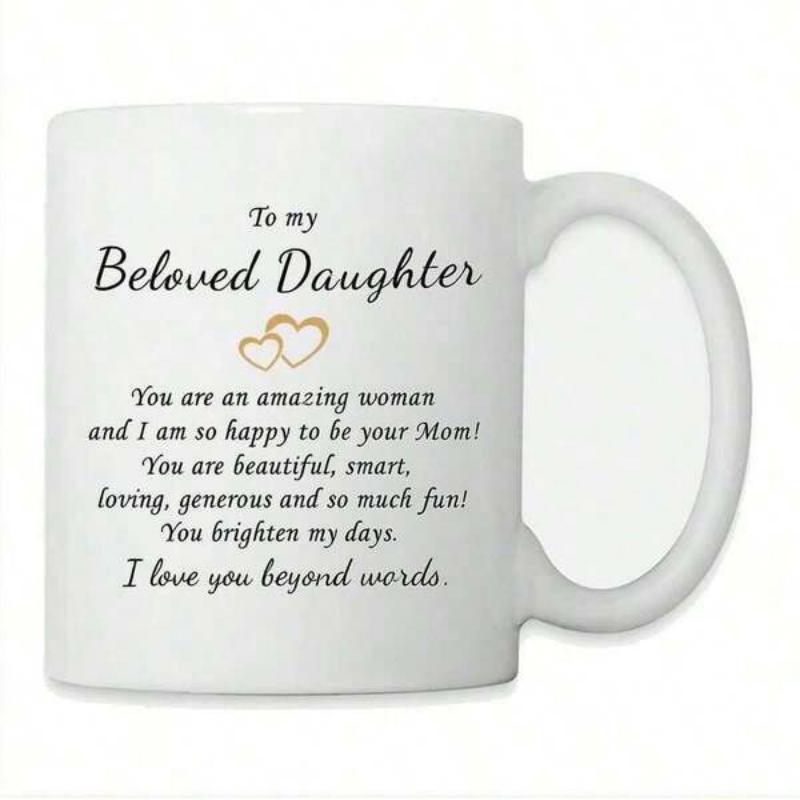 Tailorly White Ceramic 11 oz Mug - To My Beloved Daughter I Love You Beyond Words Two Interlocking Golden Outline Hearts Among Elegant Script Words Sentimental