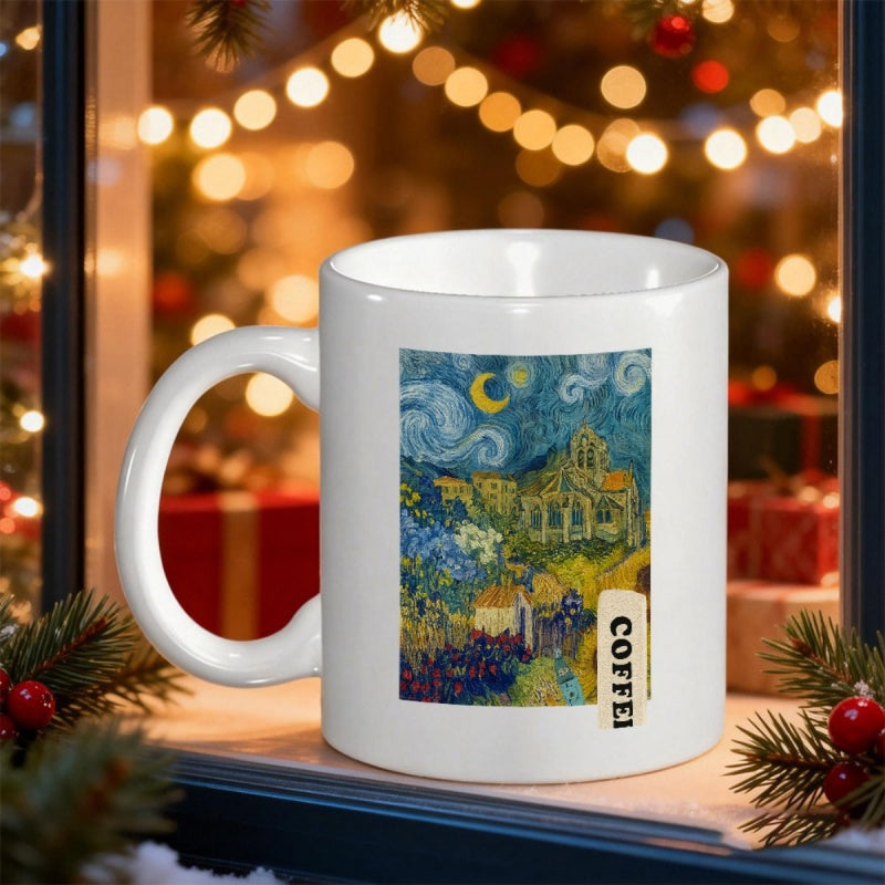 Tailorly White Ceramic 11 oz Mug - Coffee Swirling Blue Night Sky With Glowing Moon Over Silent Village Mug