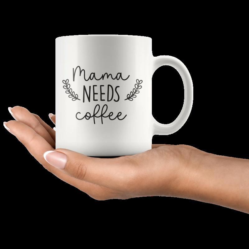 Tailorly White Ceramic 11 oz Mug - Mama Needs Coffee Minimalist White Ceramic Cup Featuring Simple Floral Accents And Decorative Script Mug