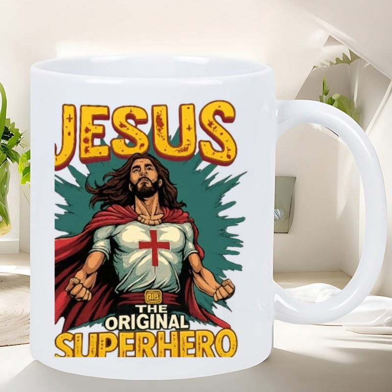 Tailorly White Ceramic 11 oz Mug - Jesus The Original Superhero Inspirational Religious Figure Wearing Vibrant Red Cape And Tunic Jesus