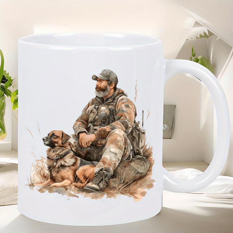 Tailorly White Ceramic 11 oz Mug - Rugged Tactical Hunter Resting In The Wilderness With Loyal Guard Dog