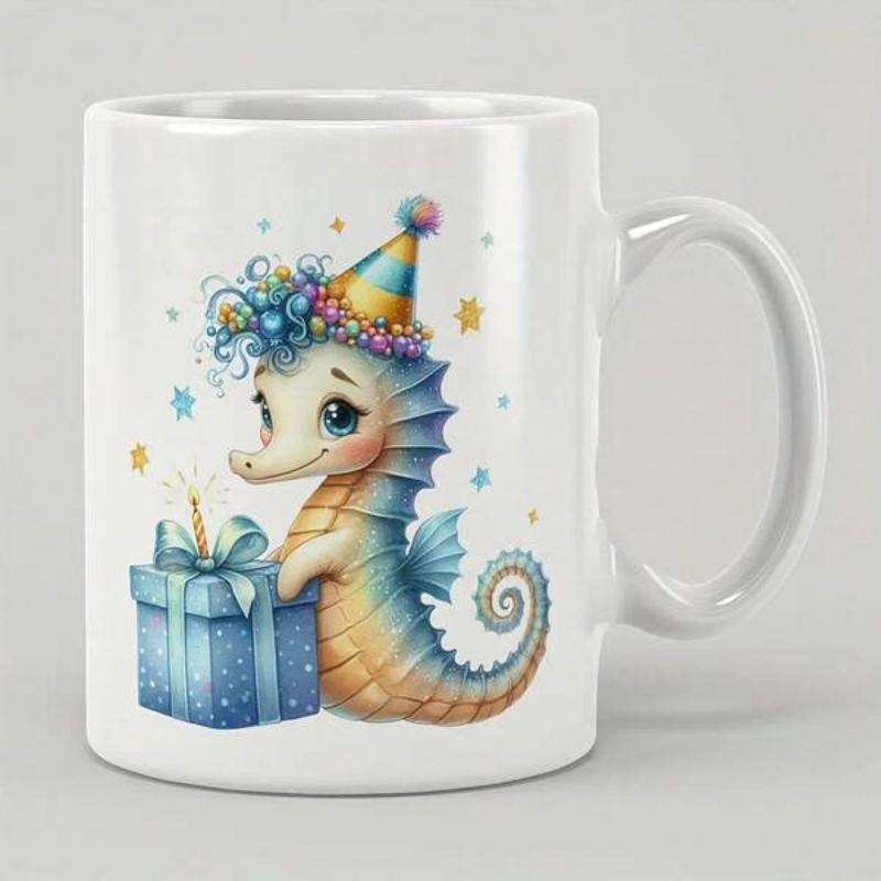 Tailorly White Ceramic 11 oz Mug - Cute Cartoon Sea Creature Wearing Festive Hat Holding Small Gift Box Seahorse
