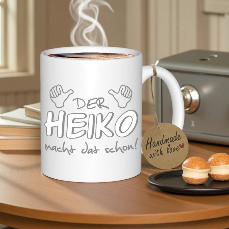 Tailorly White Ceramic 11 oz Mug - Minimalist Cartoon Line Art Hands Pointing Towards The Center Mug