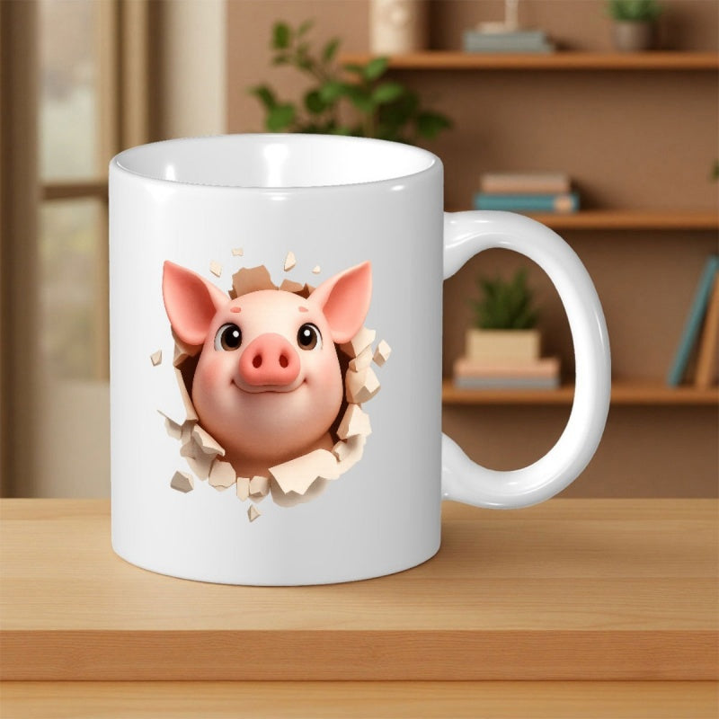 Tailorly White Ceramic 11 oz Mug - Adorable Pink 3D Cartoon Animal Peeking Through A Broken Realistic Cracked Wall Pig