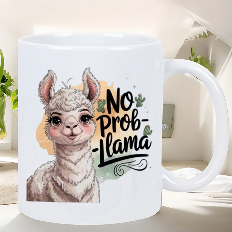 Tailorly White Ceramic 11 oz Mug - No Prob Llama Adorable Fluffy White Animal Surrounded By Small Cacti And Colorful Watercolor Splashes Llama