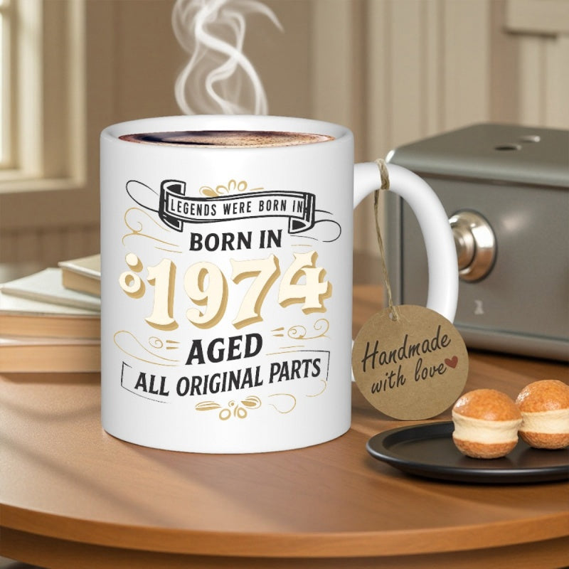Tailorly White Ceramic 11 oz Mug - Legends Were Born In 1974 Aged All Original Parts Vintage Style White Ceramic Steaming Coffee Mug