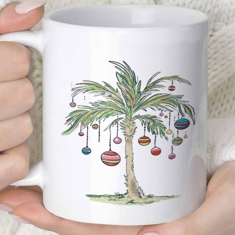 Tailorly White Ceramic 11 oz Mug - Festive Tropical Scene With Colorful Christmas Ornaments Hanging From A Palm Tree