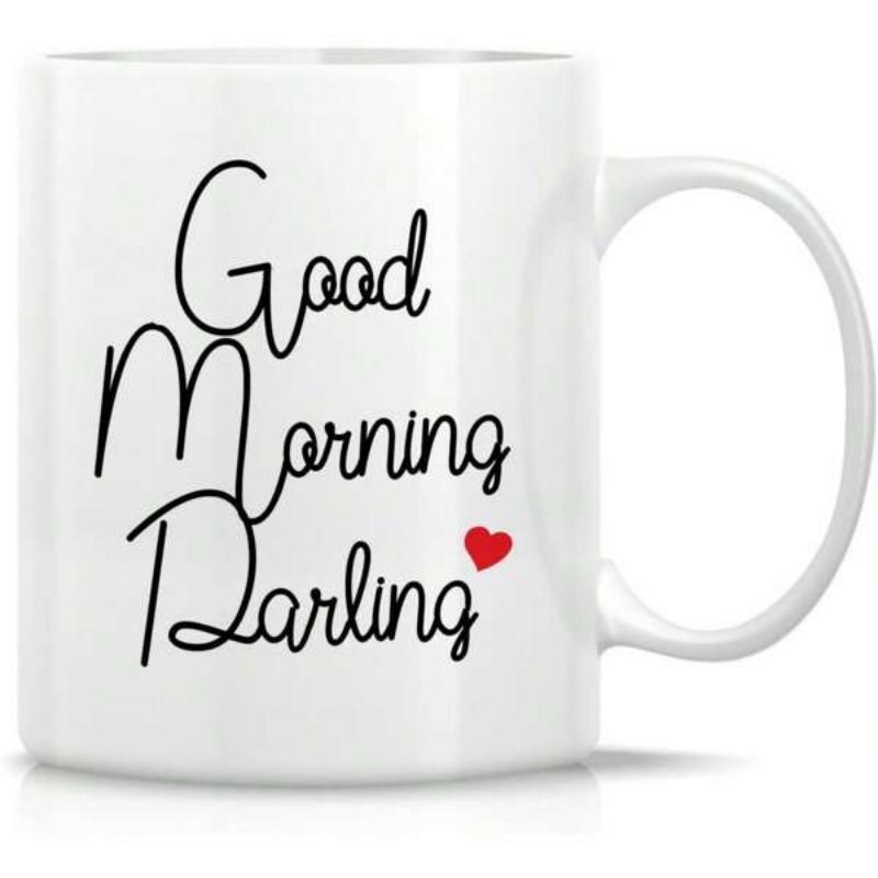 Tailorly White Ceramic 11 oz Mug - Good Morning Darling Minimalist Script Writing Featuring A Small Vivid Red Love Heart