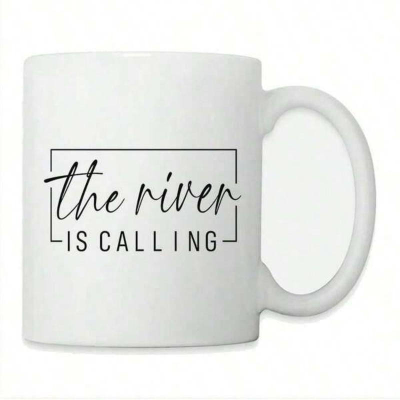 Tailorly White Ceramic 11 oz Mug - The River Is Calling Simple White Ceramic Kitchenware With Minimalist Black Script Text Mug