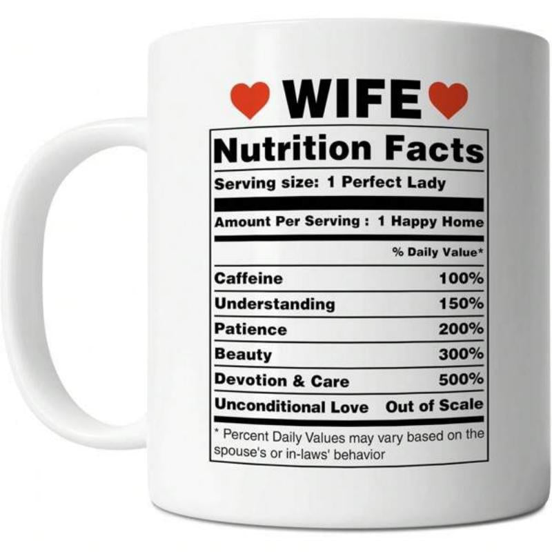 Tailorly White Ceramic 11 oz Mug - Wife Nutrition Facts Minimalist White Ceramic With Red Hearts And Black Nutrition Label Text Mug