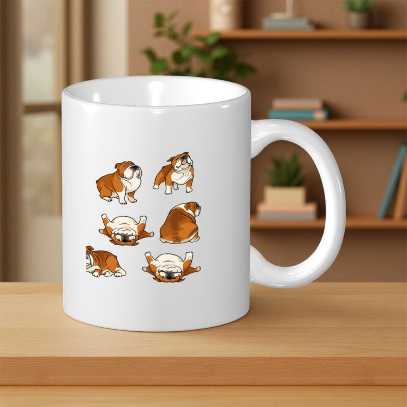 Tailorly White Ceramic 11 oz Mug - Playful Brown And White English Bulldogs In Various Funny Resting Poses Bulldog