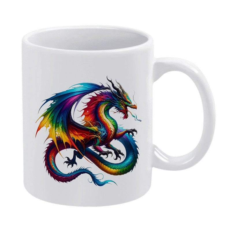 Tailorly White Ceramic 11 oz Mug - Vibrant Rainbow Colored Mythical Beast With Graceful Wings And Intricate Tail Dragon