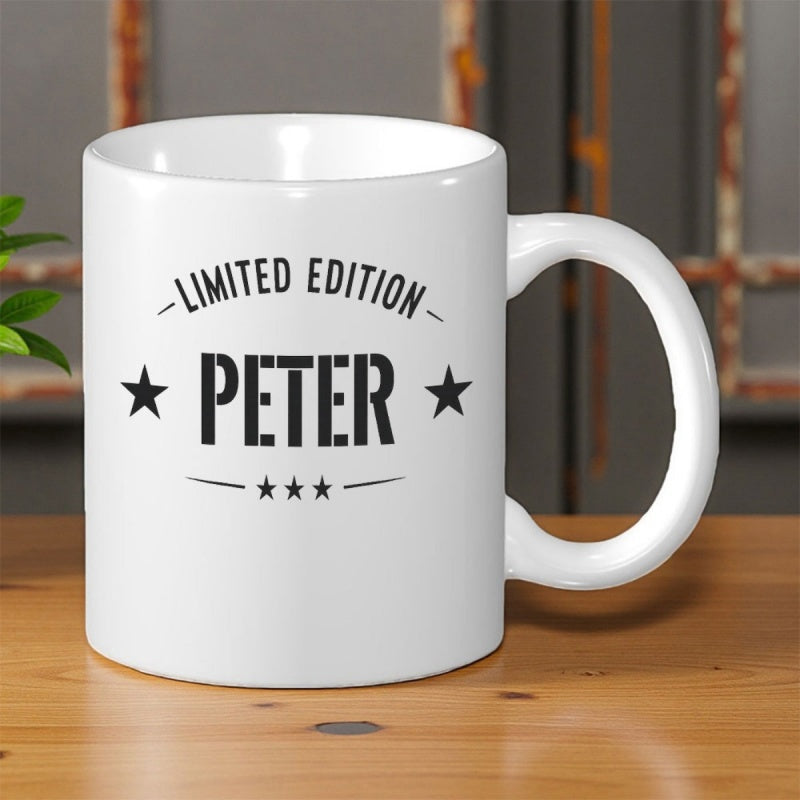 Tailorly White Ceramic 11 oz Mug - Limited Edition Peter Minimalist Typography Style Featuring Bold Black Lettering And Five Decorative Stars Mug