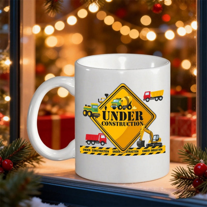 Tailorly White Ceramic 11 oz Mug - Under Construction Road Construction Bright Yellow Caution Sign With Small Colorful Detailed Building Vehicles Construction