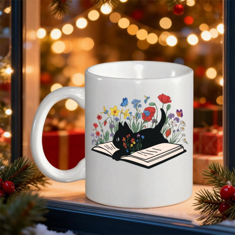 Tailorly White Ceramic 11 oz Mug - Charming Black Cat Resting On Open Book Among Vibrant Wildflowers Cat