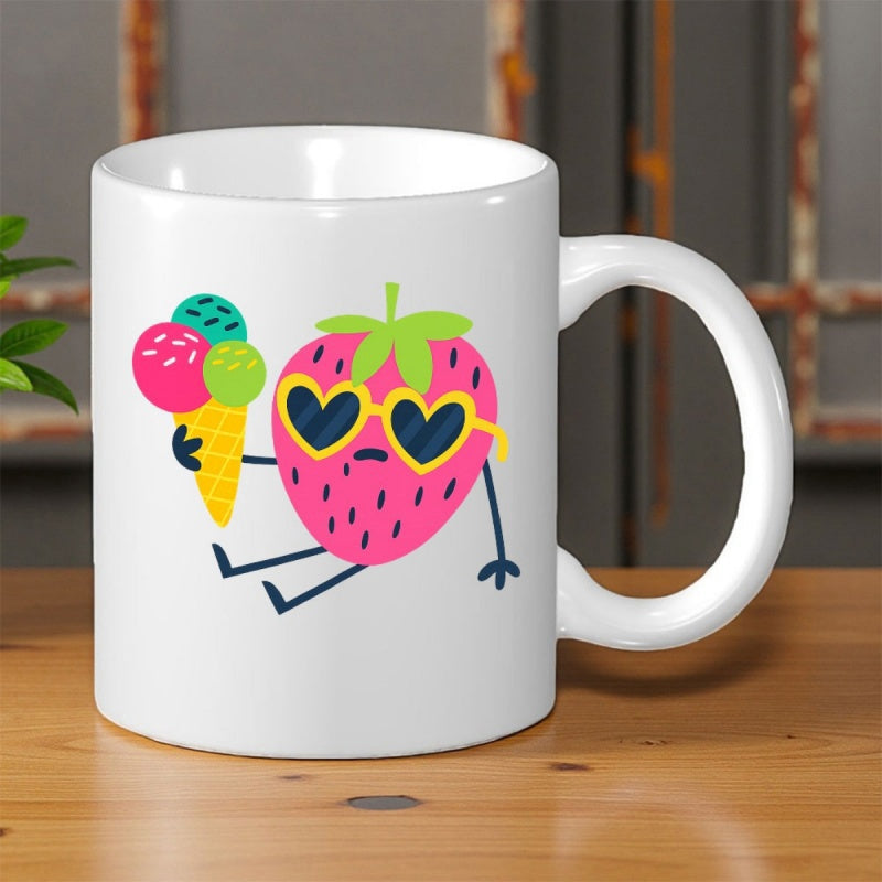 Tailorly White Ceramic 11 oz Mug - Cute Cartoon Character Wearing Heart Shaped Sunglasses Holding Sweet Colorful Ice Cream Strawberry