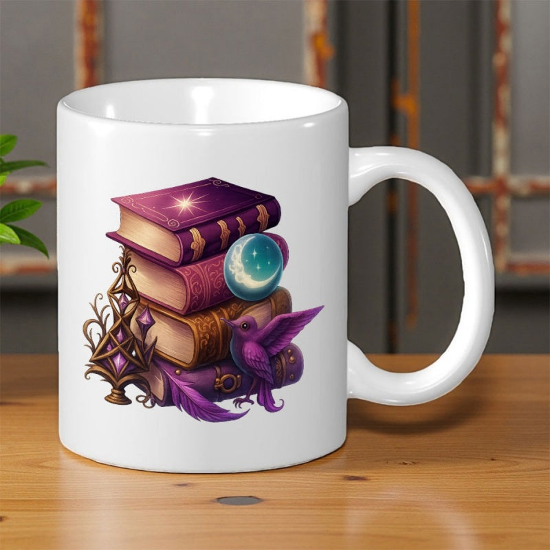 Tailorly White Ceramic 11 oz Mug - Mystical Antique Books With Purple Bird Resting Beside Glowing Moon Stack
