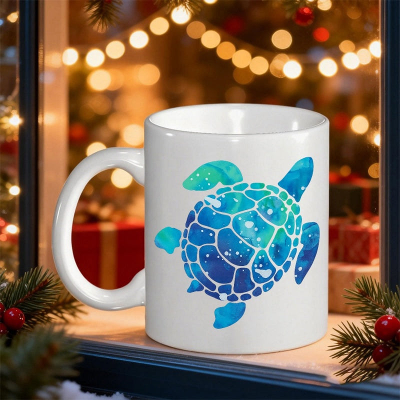 Tailorly White Ceramic 11 oz Mug - Stylized Sea Creature Featuring Vibrant Watercolor Mosaic Patterns In Shades Of Blue Turtle