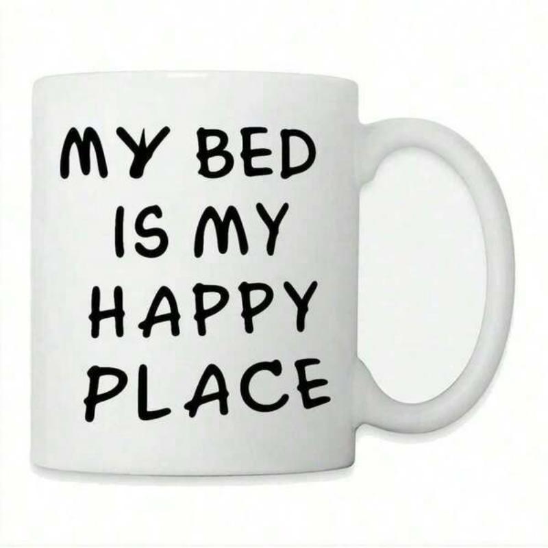 Tailorly White Ceramic 11 oz Mug - My Bed Is My Happy Place Minimalist Black Hand Drawn Typography On Pure White Surface Coffee Mug