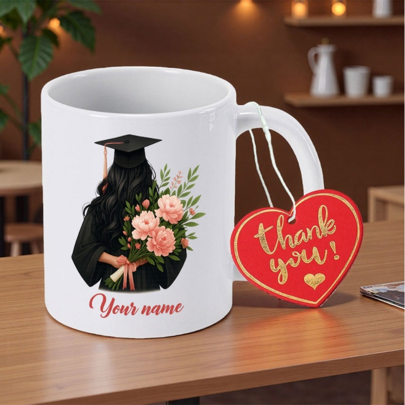 Tailorly White Ceramic 11 oz Mug - Your Name Thank You Elegant Girl Wearing Graduation Cap Holding Pink Floral Bouquet Behind Back Graduate