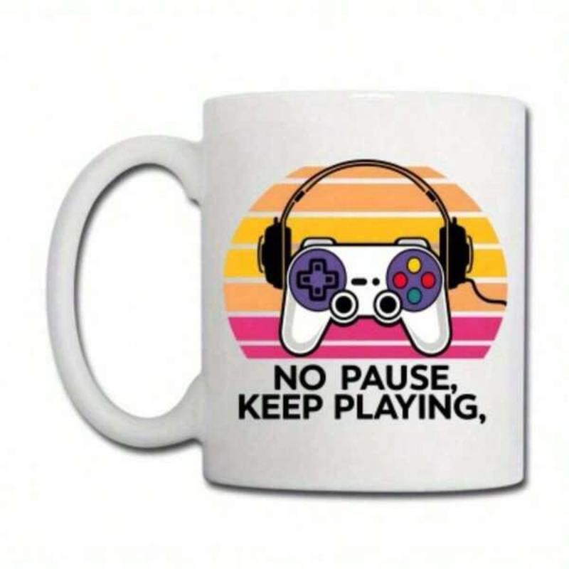 Tailorly White Ceramic 11 oz Mug - No Pause Keep Playing Retro Style Sunset Background With Wireless Headset And Modern Gaming Controller