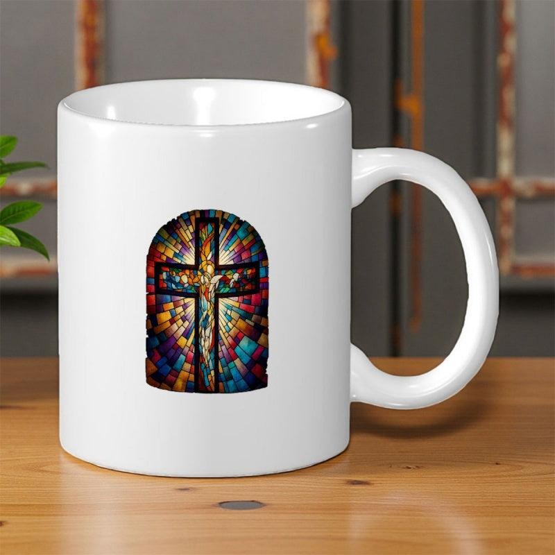 Tailorly White Ceramic 11 oz Mug - Vibrant Stained Glass Mosaic Arched Window With Glowing Colorful Light Patterns Cross