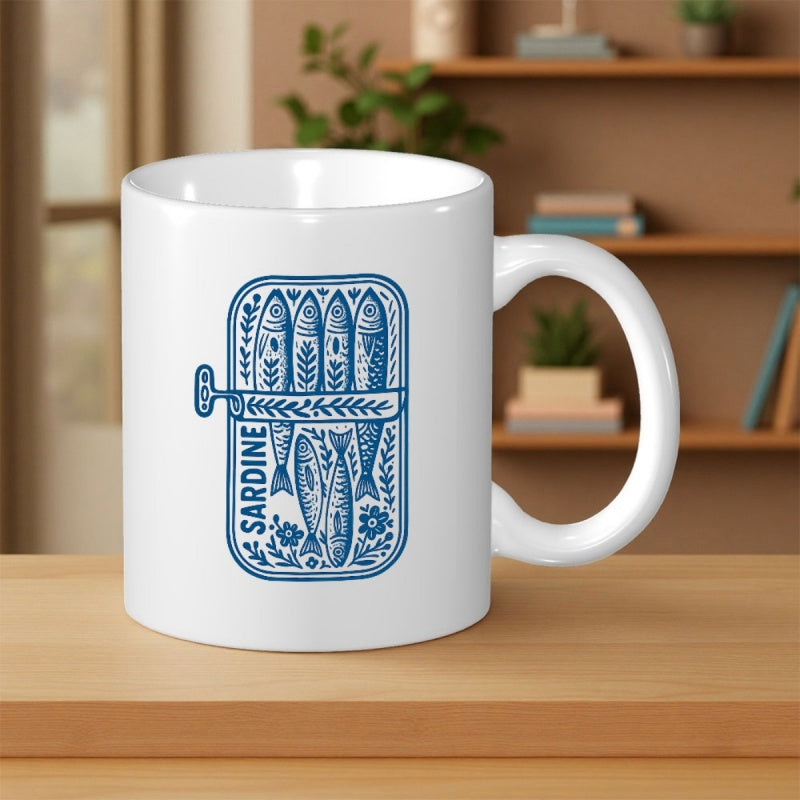 Tailorly White Ceramic 11 oz Mug - Sardine Artistic Blue Tin With Small Fish Pattern In Retro Style Sardines
