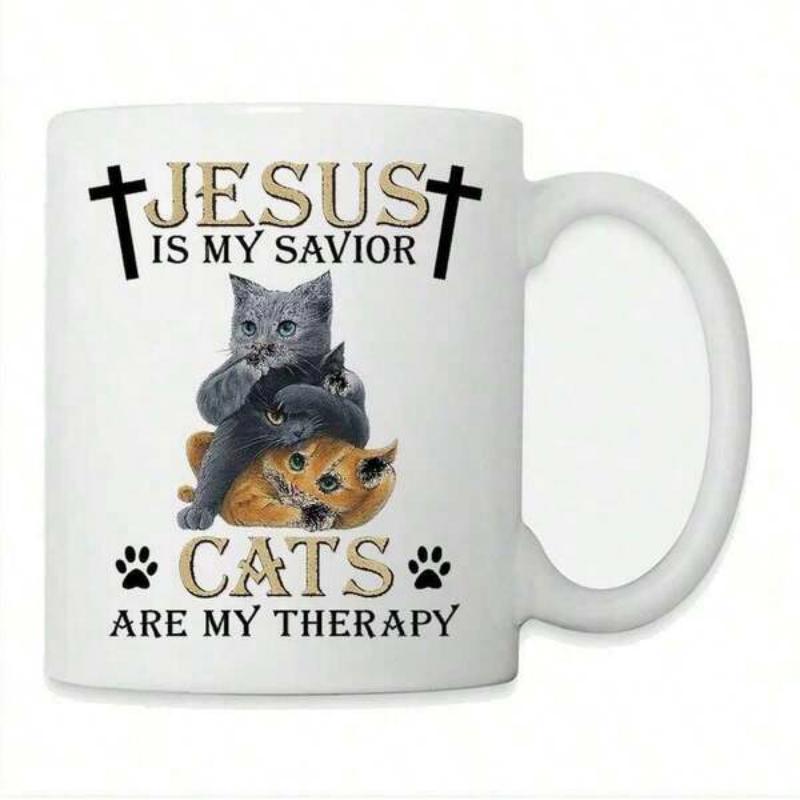 Tailorly White Ceramic 11 oz Mug - Jesus Is My Savior Cats Are My Therapy Adorable Felines Resting Together In A Group Surrounded By Religious Script Cats
