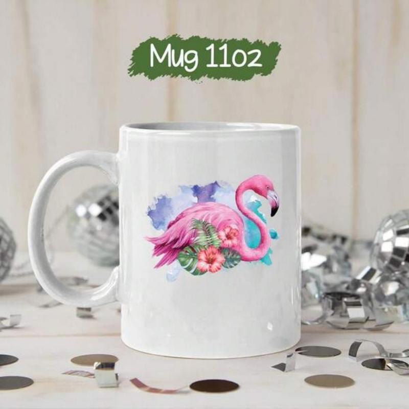 Tailorly White Ceramic 11 oz Mug - Elegant Pink Watercolor Bird With Tropical Hibiscus Flowers And Lush Leaves Flamingo