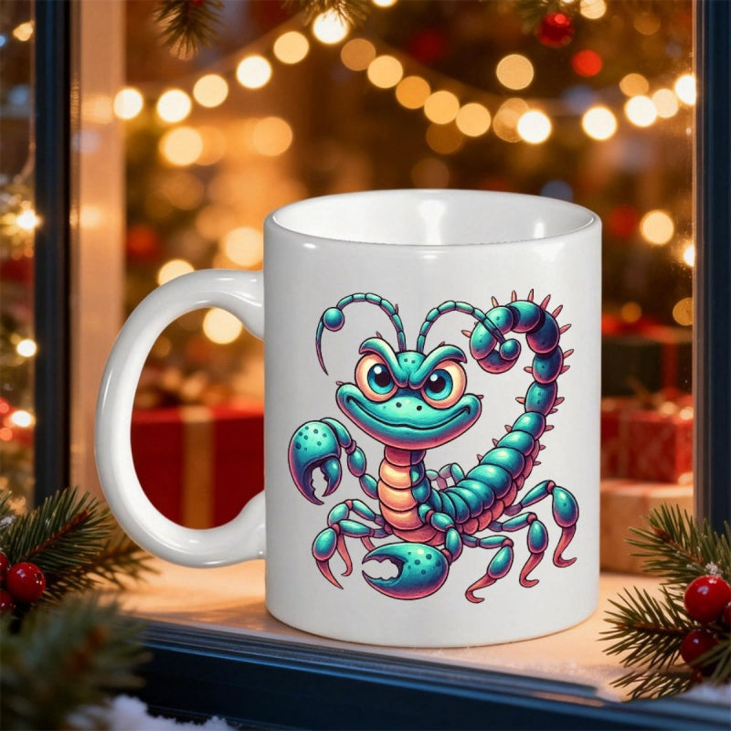Tailorly White Ceramic 11 oz Mug - Vibrant Teal Cartoon Character With Large Eyes And Curved Stinger Scorpion