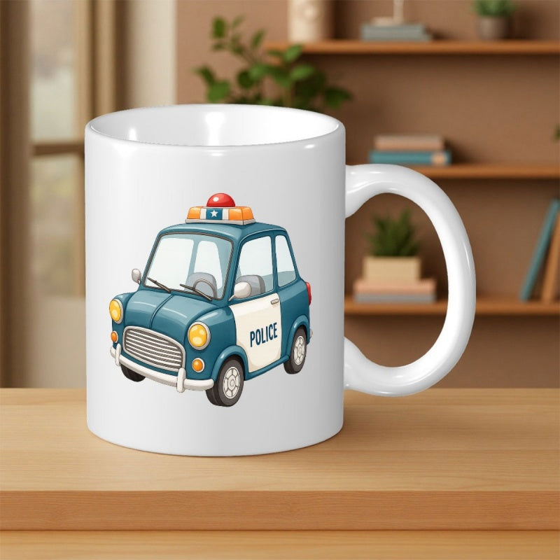 Tailorly White Ceramic 11 oz Mug - Police Cute Blue Cartoon Vehicle With Siren Patrolling Under Bright Clear Lights Car