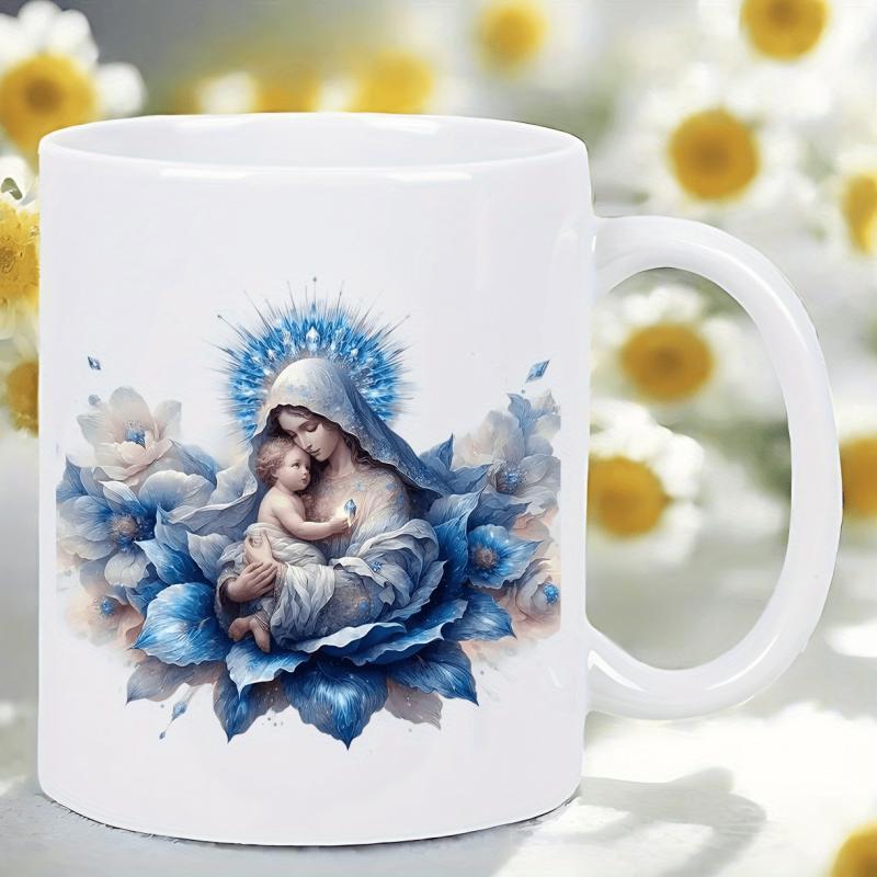 Tailorly White Ceramic 11 oz Mug - Artistic Illustration With Blue Roses And Divine Light Surrounding The Virgin Madonna