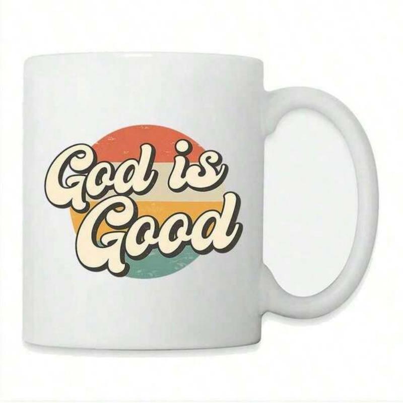 Tailorly White Ceramic 11 oz Mug - God Is Good Retro Distressed Striped Design Featuring Bold Vintage Cursive Artistic Layout Sunset