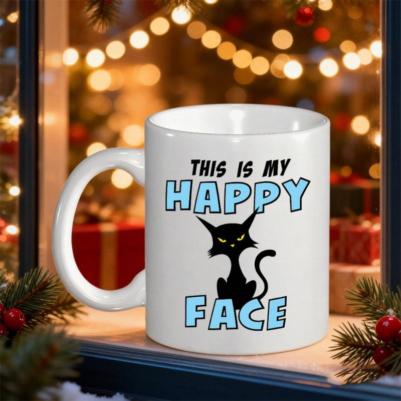 Tailorly White Ceramic 11 oz Mug - This Is My Happy Face Grumpy Black Cat Sitting Amidst Festive Warm Christmas Lights Cat
